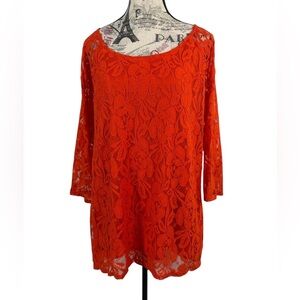 Signature Studio Chic Style Bright Orange Lace  & Sheer backside Blouse Size M